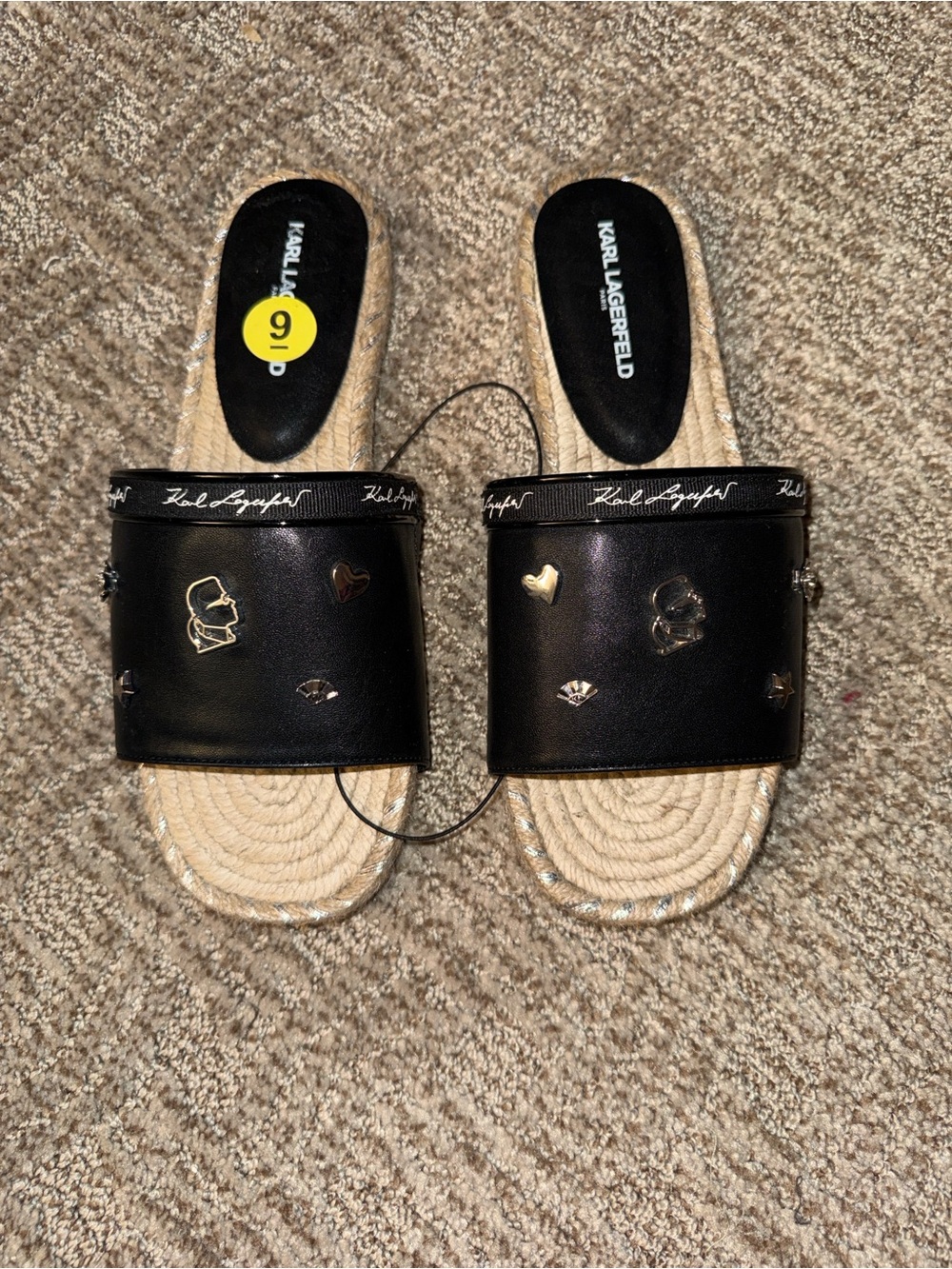 Karl Lagerfeld Black & Natural Espadrille Slide Mules with Gold Accents